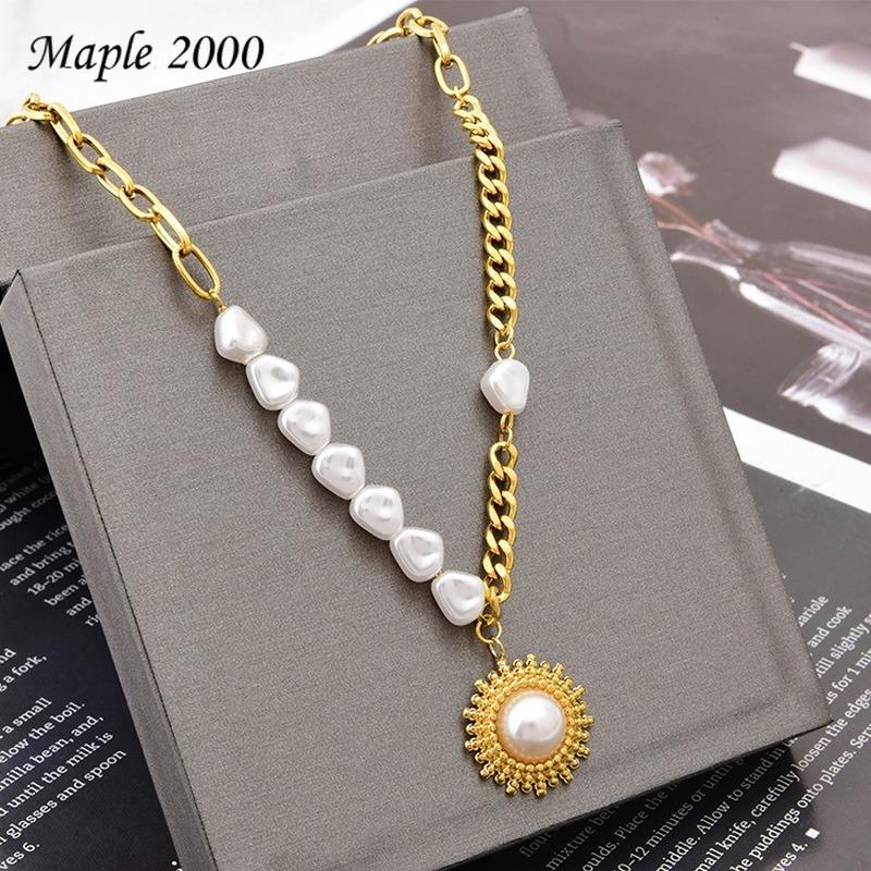 

Pendant Necklaces Hip Hop Titanium Steel Thick Necklace Irregular Pearl Sun Flower Heart-shaped Tassel For Women Fashion Jewelry