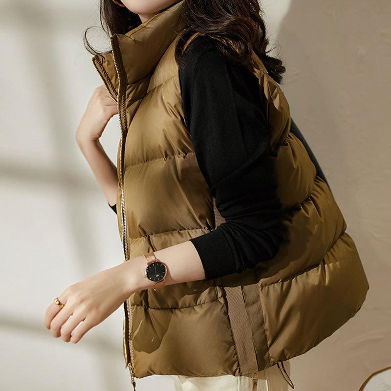 

2021 autumn and winter new padded stand collar down vest women short outer wear vest white duck down jacket simple, Black