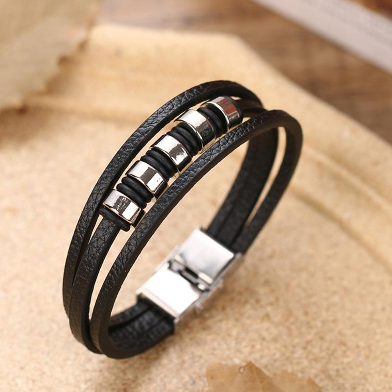 

KaiMin Fashion Charm Black Men Bracelet Stainless Steel Leather Genuine Braided Punk Rock Bangles Jewelry Accessories Friend