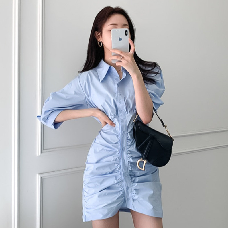 

2021 New Sexy Ruched Mini Korean Women's Chic Retro Lapel Plied Waist Thin Dress Half Sleeve Short Shirt Ladies'dress 34G6, White