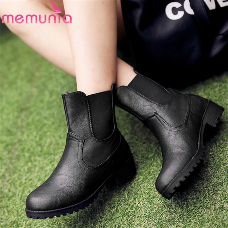 

MEMUNIA 2020 new arrival women ankle boots pu round toe slip on autumn boots solid colors fashion casual punk shoes woman, Black