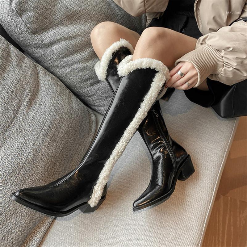 

2021 Real Leather Western Boots Women Long Boots Pointed Toe Block Heel Zip Keep warm Knee High Winter black beige1, Beige