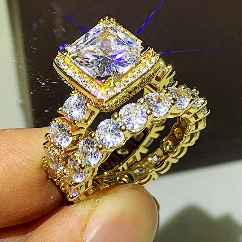 

Sparkling Luxury Jewelry 925 Sterling Silver&Gold Fill Princess Cut White Topaz CZ Diamond Gemstones Women Wedding Bridal Ring Set Gift
