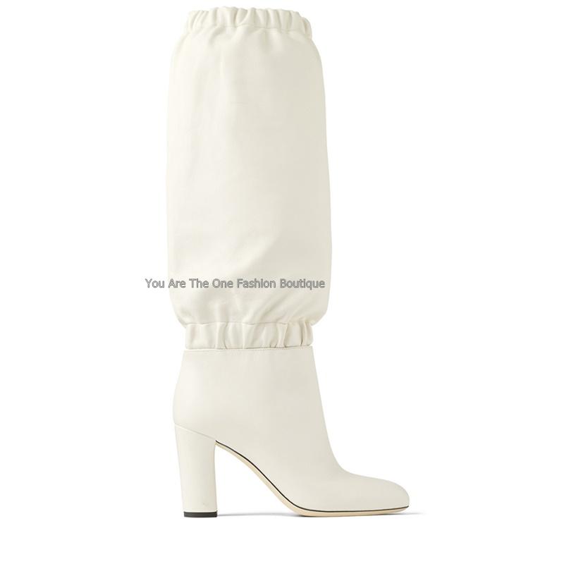 

Beige white real leather block heeled mid-calf boots women chunky high heel slip on sock boots, As showed color