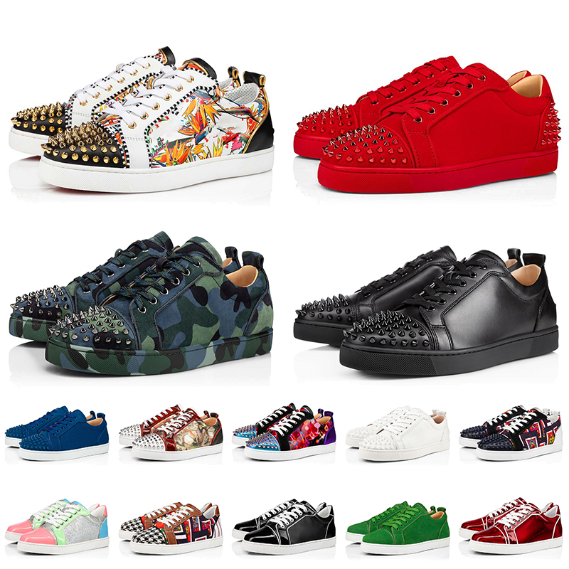 

With Box Women Mens Low Red Bottom Casual Shoes Luxury Designer Shoes Suede Patent Genuine Leather Flat Camo Black White spikes Loafers Platform Sneakers, D (13)