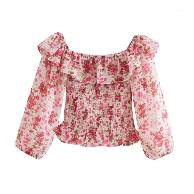 

2020 Summer Women Sweet Blouses Shirts Tops Floral Print Elastic bust off shoulder top Female Fashion Slim Chiffon Top blusas1