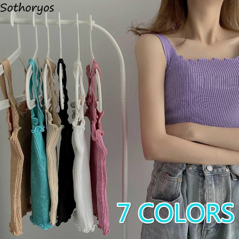 

Tanks Tops Women Summer Solid Camisoles Leisure Chic Simple Crop Top Sexy Sleeveless Tees Knitted Womens Basic All-match Ulzzang, Apricot