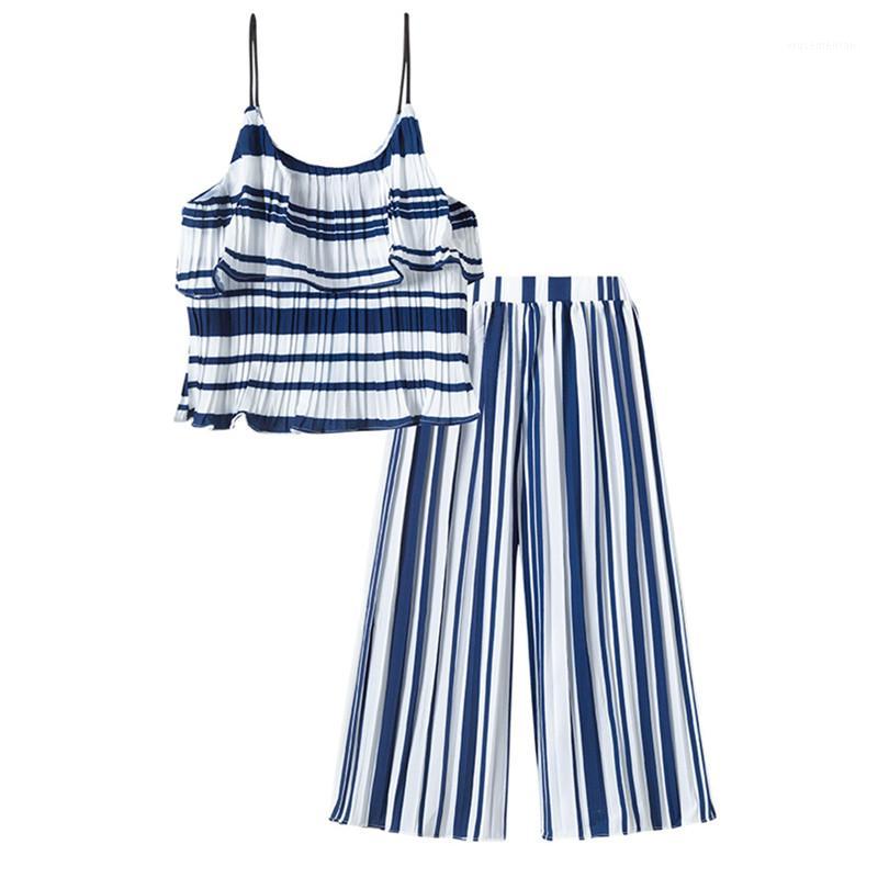 

4 to 14 years kids & teenager girls summer striped chiffon ruffle vest top with wide leg two pieces sets children casual set1, Blue