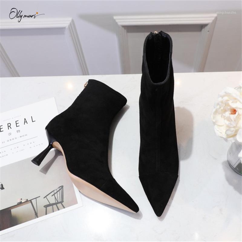 

OllyMurs New Fashion Black Kid Suede Women Boots Pointed Toe Side Zip Thin High Heel Women Autumn Ankle Boots Shoes Woman1, As pic