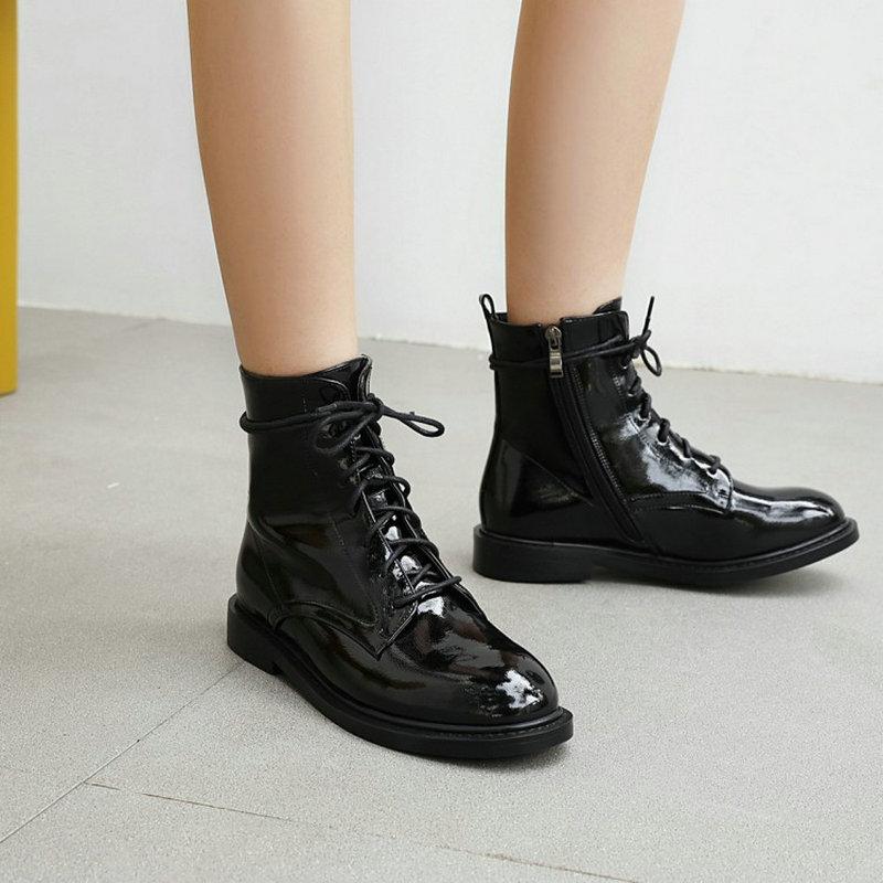 

Winter Autumn Drop Womens Shoes Snow Boots Woman Cross-tied Platform Motorcycle Female Size 42 43, Black-patent pu