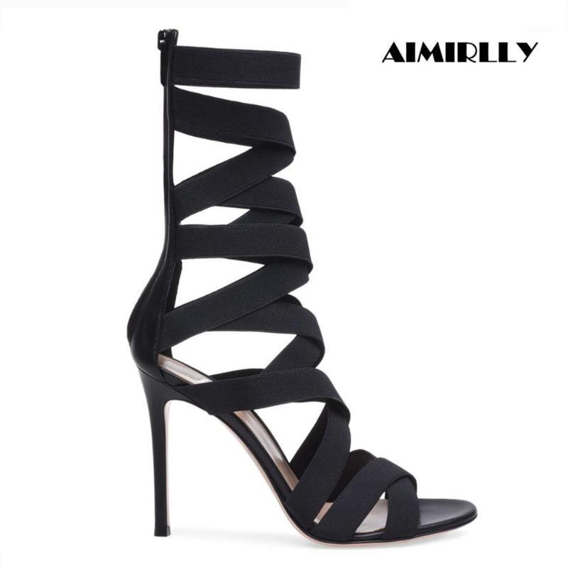 

Summer Spring Women's Shoes Mid Calf Stretch Straps Sandals Strappy Elastics Band Wraps Ladies High Heels Stilettos Black1, Black
