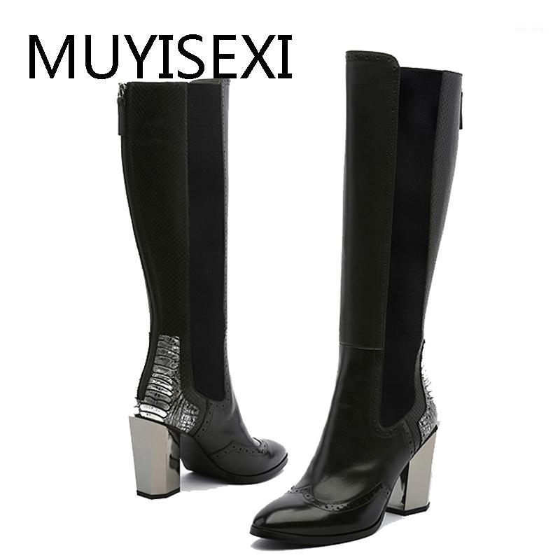 

Black Women Knee High Boots Back Zipper Genuine Leather Riding Boots High Heels Rubber Shoes Woman Botas Mujer HL200 MUYISEXI1, Black no plush