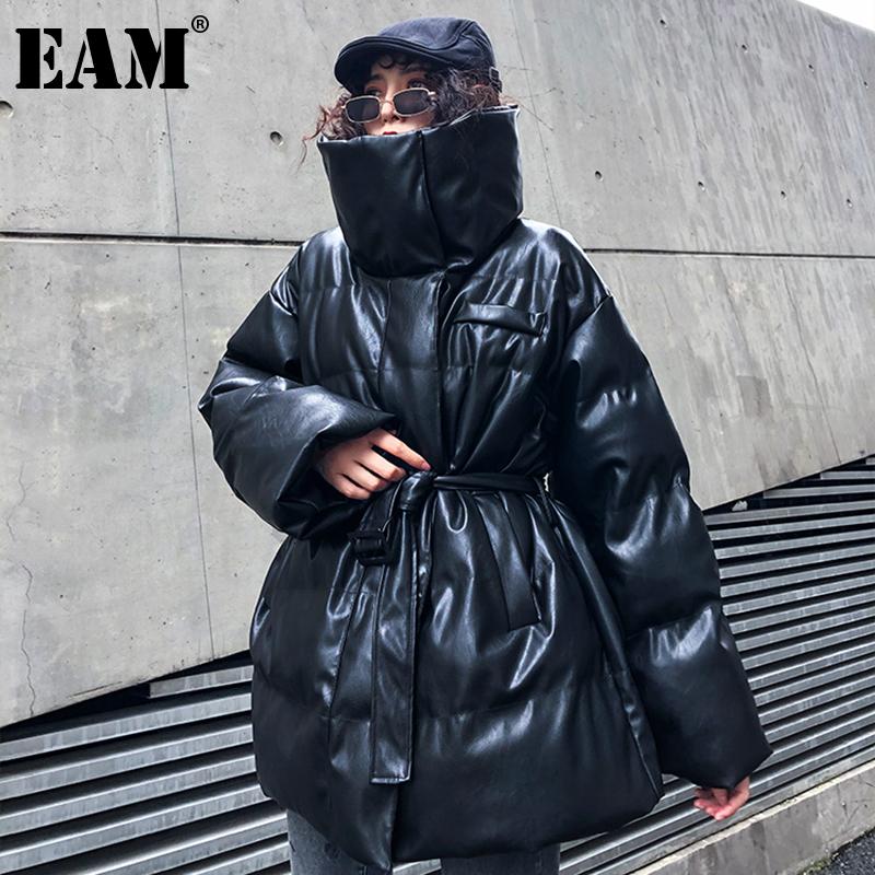 

EAM] Black Pu Leather Big Size Cotton-padded Coat Long Sleeve Loose Fit Women Parkas Fashion New Autumn Winter 2020 19A-a6