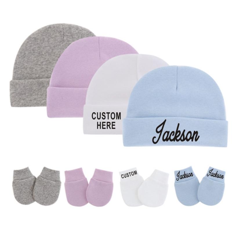 

Personalised Newborn Baby Hat & Gloves for 0-3M Baby Cotton Hats Anti-Scratch Gloves Custom Name Unisex Hat and Mittens Set