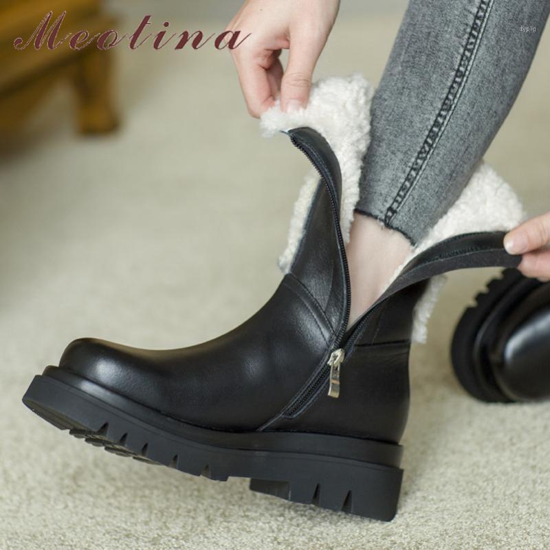 

Meotina Genuine Leather High Heel Snow Boots Woman Ankle Boots Platform Block Heel Shoes Zip Buckle Ladies Short Winter 411, Black