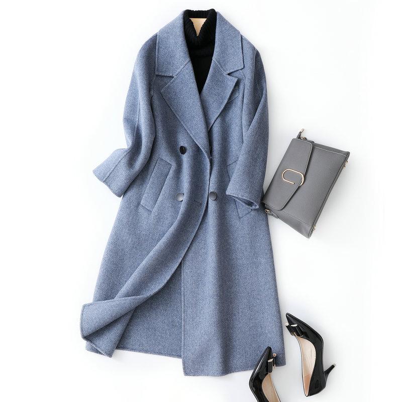 

2021 Turn Down Collar Women Woolen Coat Double Breasted Elegant 95% Wool Cashmere Long Coat Jacket Female Casaco Feminino, Haze blue