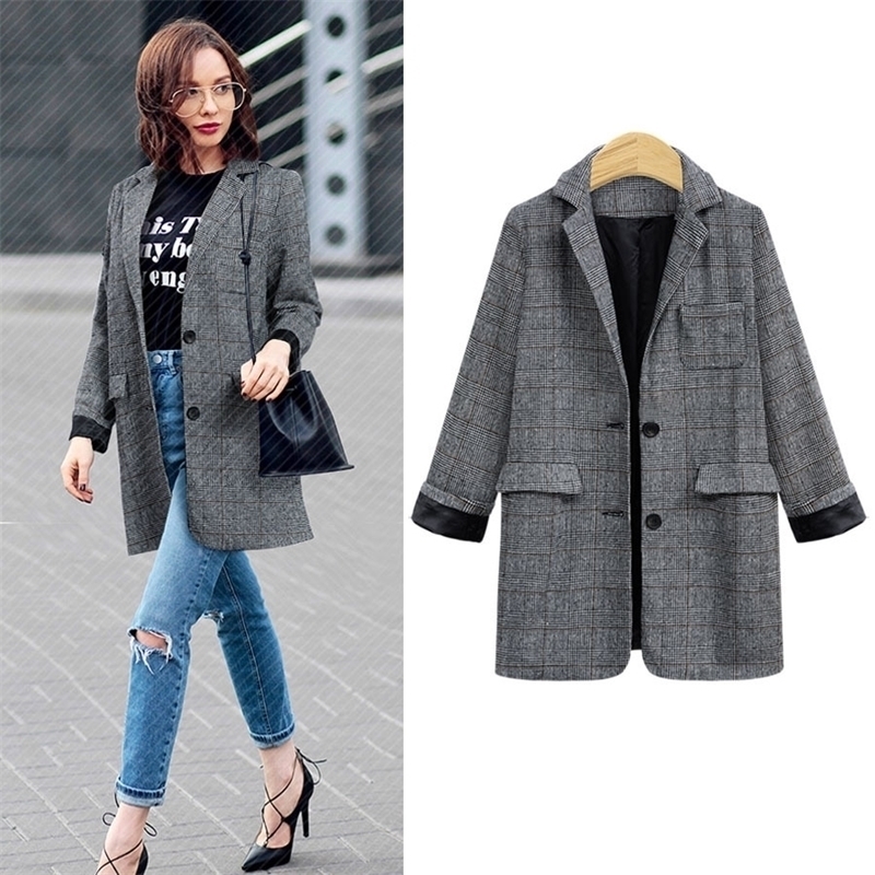

Vintage Plaid Blazer Women's Jacket Autumn Oversized Long Office blazer feminino Casual Double Breasted Chic Suit Coat 201201, Gray