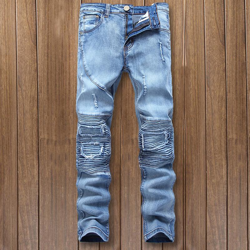

2020 Men's Trendy Light Blue Pleated Ripped Jeans Youth Motorcycle Elastic Straight Slim Casual Jeans, Sky blue