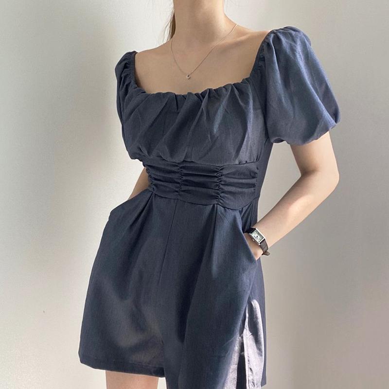 

Korean Chic Vintage Elegant Square Collar Women Playsuits High Waist Slim Puff Sleeve Pockets Jumpsuits Zipper Summer Bodysuits, Black