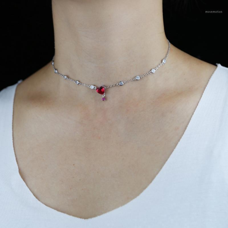 

Hot sale girlfriend wedding heart necklace with red cz paved station chain choker necklace for women lady girl wholesale 20211