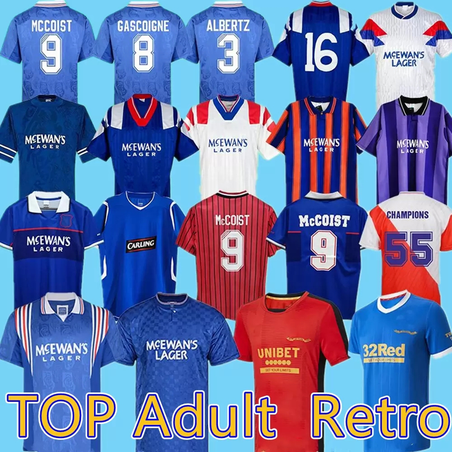 

Retro 20 21 22 Glasgow Rangers FC 150th Anniversary Soccer Jerseys 2021 2022 CHAMPIONS Football Shirt GASCOIGNE 87 90 92 94 96 97 99 01 KENT, Rangers 94-95 away red