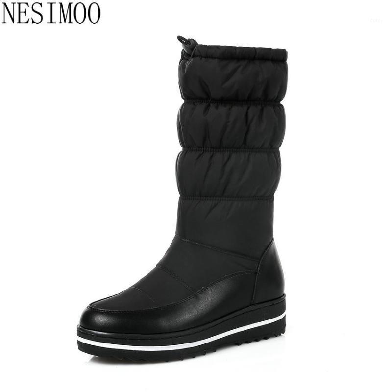 

NESIMOO 2021 Elastic Band All Match Women Shoes Wedges Keep Warm Mid Calf Boots Down PU Leather Winter Snow Boots Size 35-431, Black