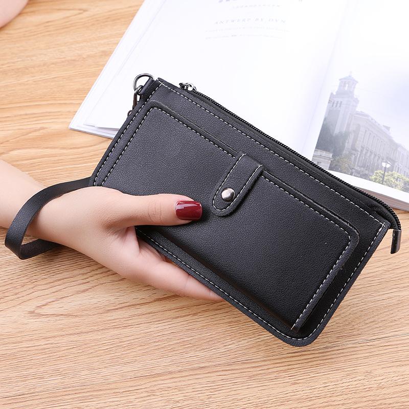 

2020 simple style Children leather wallet long slim Women's wallets Solid Zipper Hasp card holder wallet 7 colors clutch purse, Black