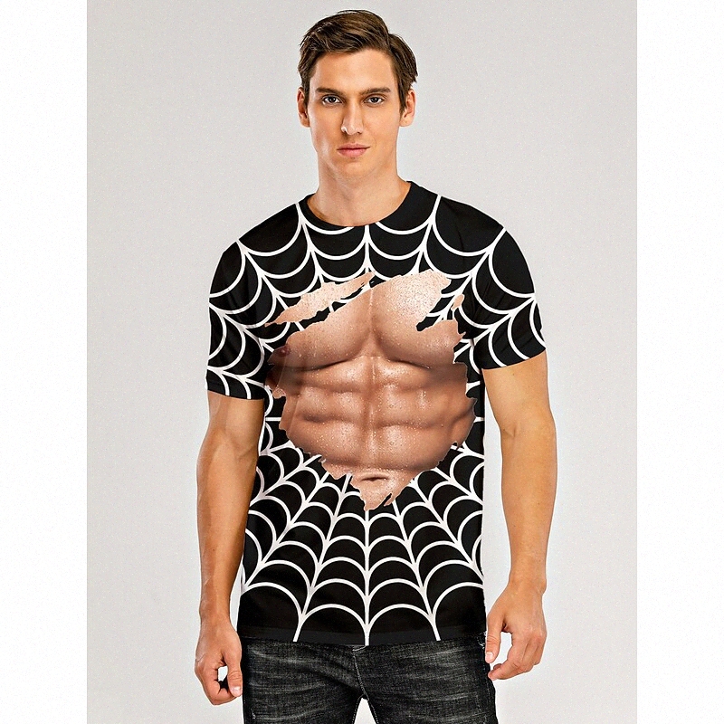 Men's T shirt 3D Print Graphic 3D Muscle Round Neck Daily Print Short Sleeve Tops Black / White 66e0#