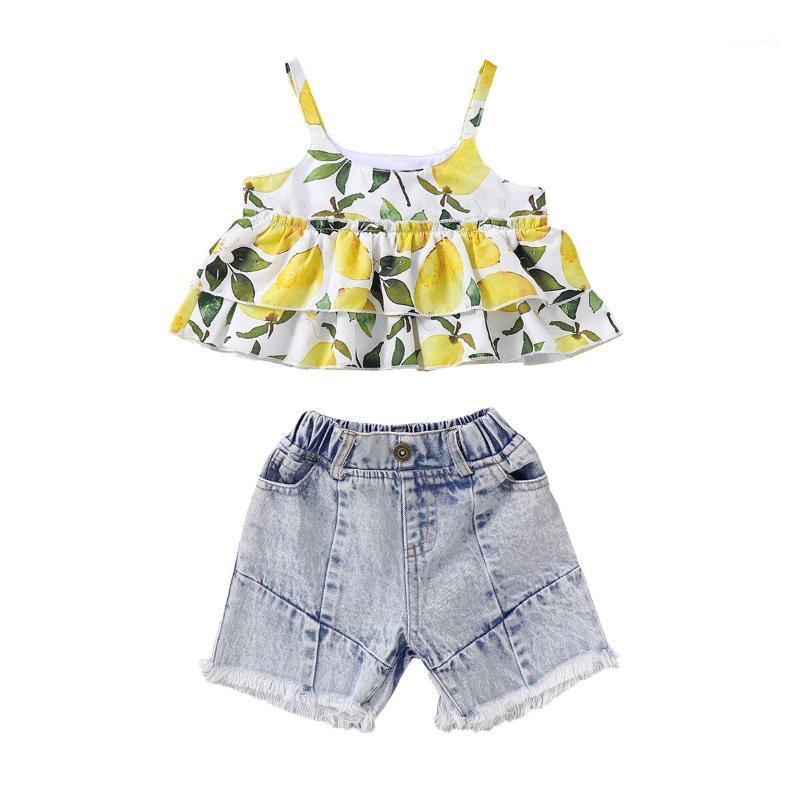 

Baby Girls Summer Clothing Sets Pleated Lemon Top Sleeveless Vest Blue Denim Shorts Pockets Pants Outfits1, As pic