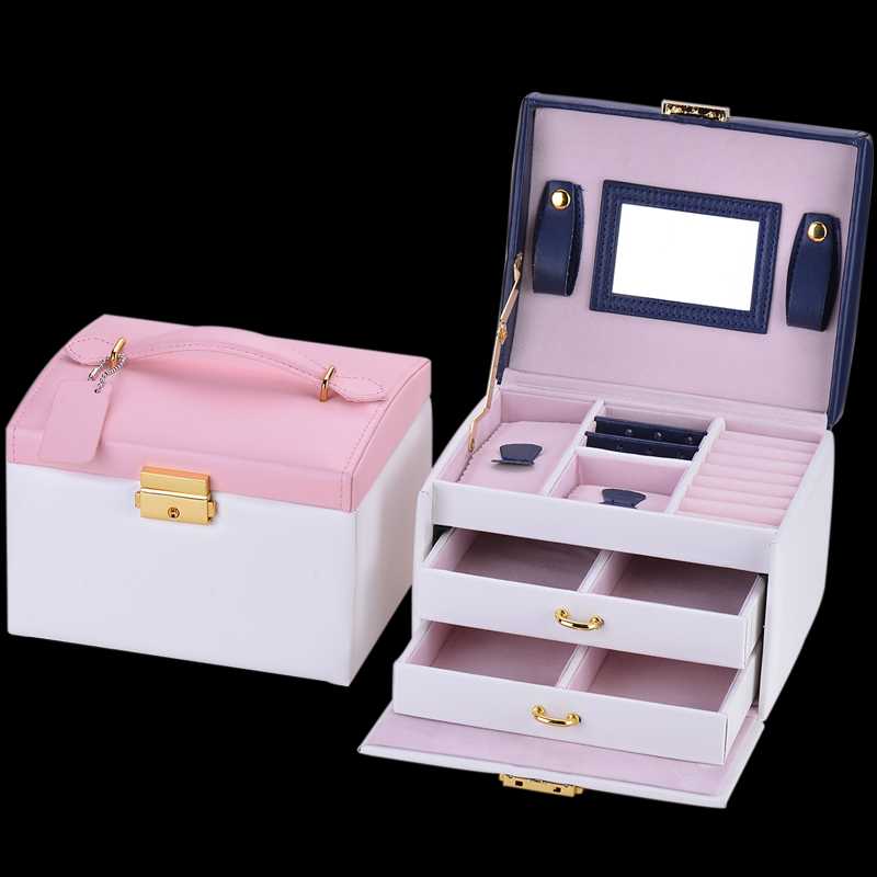 

TX002 New Jewelry Box Large Capacity Leather Storage Jewelry Box Earring Ring Necklace with Mirror Watch Organizer