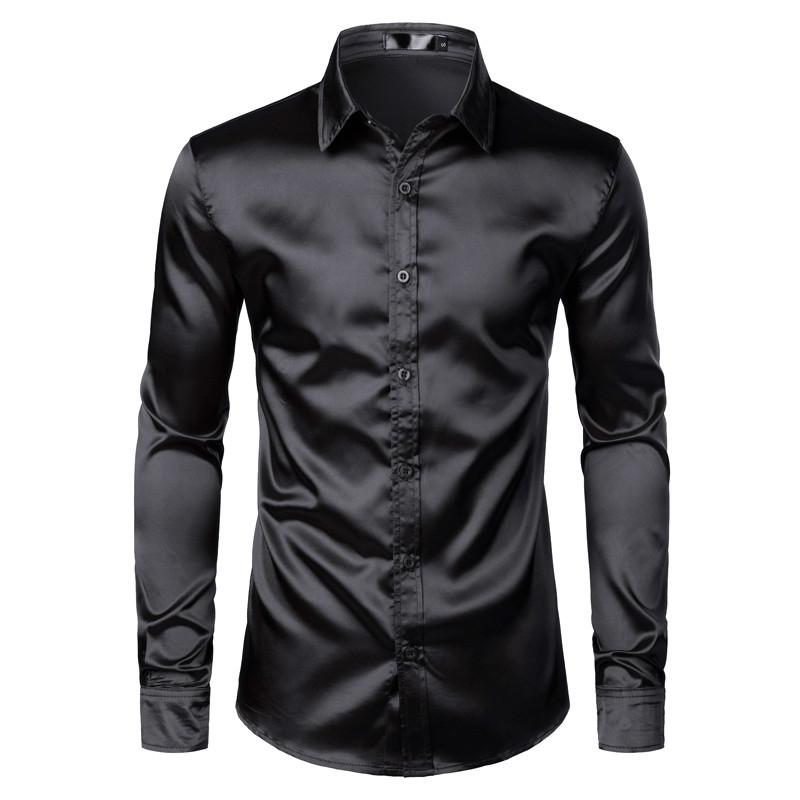 

Men's Black Satin Luxury Dress Shirts 2021 Silk Smooth Men Tuxedo Shirt Slim Fit Wedding Party Prom Casual Shirt Chemise Homme