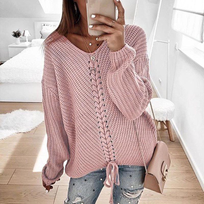 

Casual Lace Up Knitted Sweater Women Autumn Female Long Sleeve Loose Pullover Sweaters Woman Femme Winther Plus Size Tops Jumper, Black