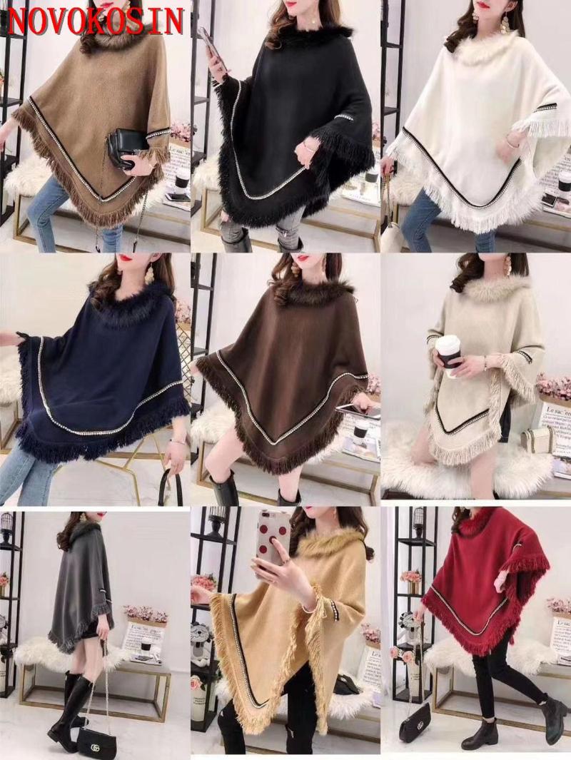 

10 Color Cloak 2021 New Fashion Fur O Neck Pullover Women Loose Capes Winter Printed Beads Triangle Tassel Poncho