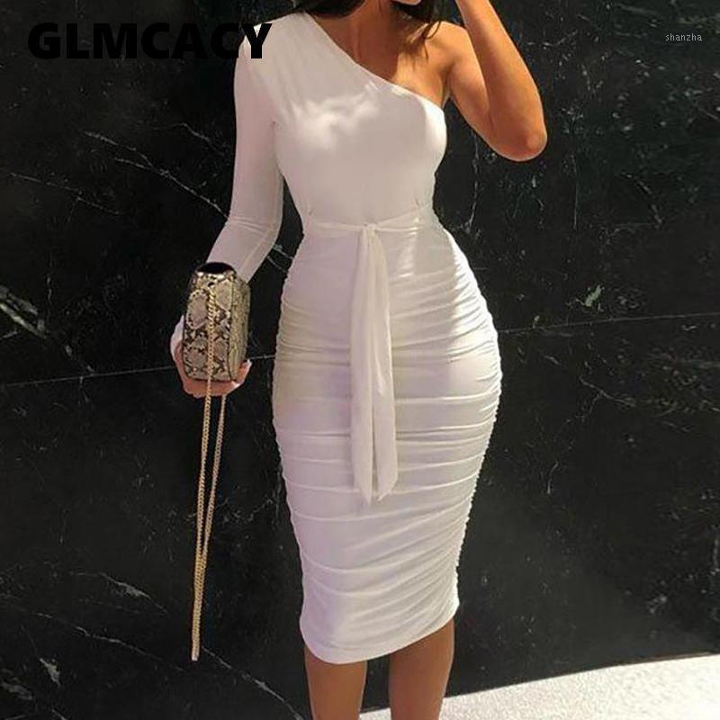 

Women Elegant Fashion Sexy White Cocktail Party Slim Fit Dresses One Shoulder Belted Ruched Design Bodycon Midi Dress1