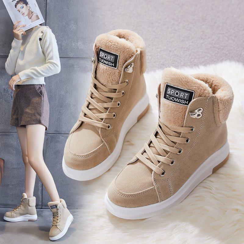 

2020 New Winter Snow Boots Women Cotton Shoes Plus Velvet Thick Bottom Student Warm Boots Mid-Tube Cotton Shoes Women, Beige and cotton