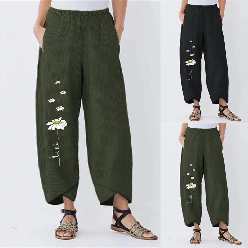 

Summer New Women's Pants Trousers Small Daisies Wide Leg Loose Pant Wide Leg Pants Loose Flower Print Trousers Ladies, Green