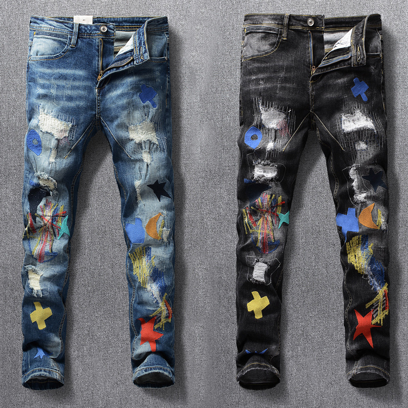 

2021 New Male Streetwear Elastic Jeans Thin Torn Denim Pencil Hombre Designer Hip Pants Stretcher Wgz0, Black