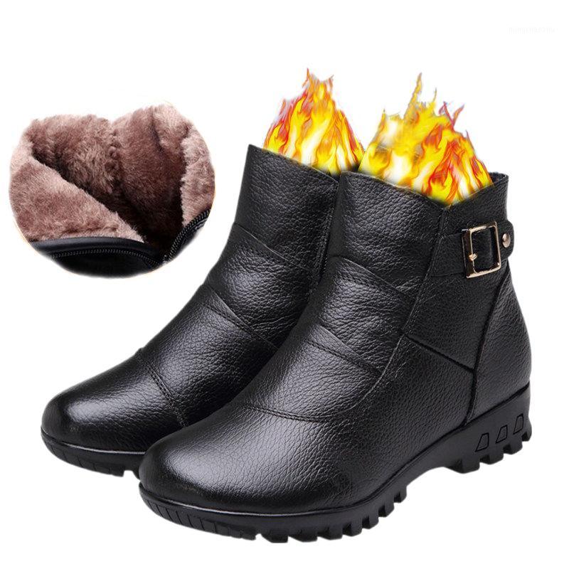 

OUKAHUI 2020 Autumn Fall Black Genuine Leather Shoes Women Ankle Boots Flat Low Heel Warm Plush Winter Ladies Leather Boots Flat1, Black 702