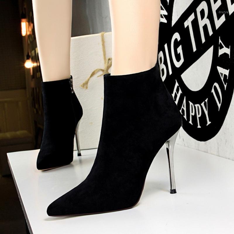 

European And American Style Autumn And Winter Fashion Simple Stiletto Super High Heel Suede Pointed Sexy Nightclub Slim Female S1, Black velvet