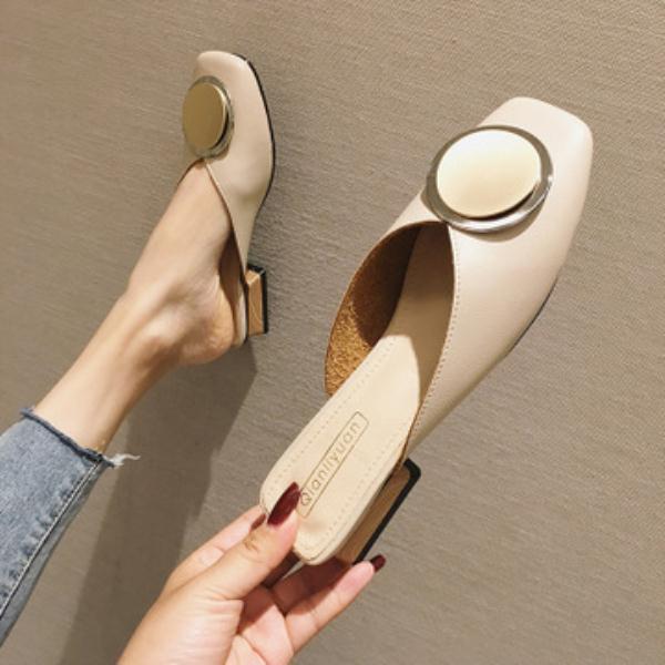 

Slippers Casual Female Shoes Slides Loafers Low Cover Toe Luxury 2021 Soft Summer Rome PU Rubber Basic Hoof Heels Fashion