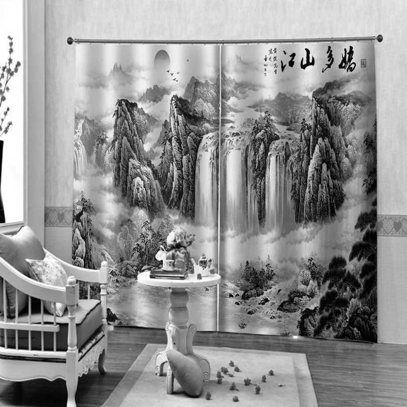 

High Quality 3D Curtain Blackout Black And White Mountain Landscape Curtains For Living Room Bedroom Home Decor, As pic