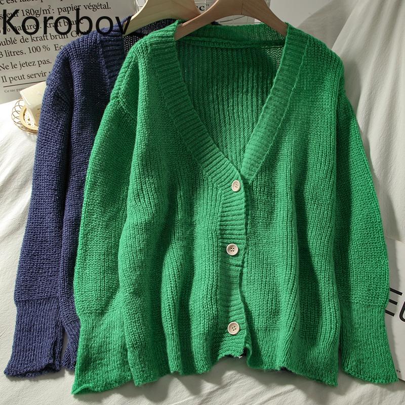 

Korobov Korean Women V Neck Long Sleeve Outwear Top Autumn Knitted Cardigans Preppy Style Solid Thin Women Sweaters, Khaki