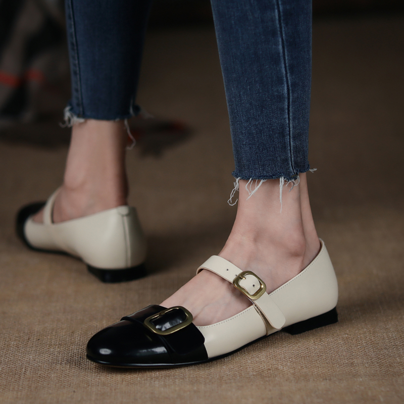 

2020 Heels Spring Woman Genuine Leather Round Toe Lacquered Buckle Mark Shoe Slippage in Casual Moccasins Mujer Zapatos W7nl, Black