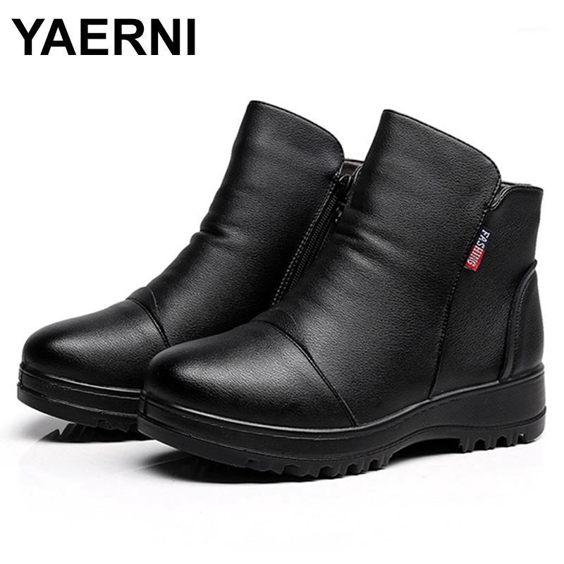 

YAERNI 2020 Fashion Women Winter Shoes Woman Genuine Leather Flat Snow Boots Women Warm Ankle Casual Boots Mother cotton shoes1, Black