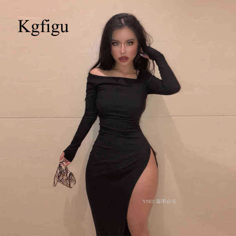 

KGFIGU Women Slash Neck Long Sleeve Maxi Dress Winter Side Split Bodycon Robe Sexy Birthday Party Night Cute Gray Vestidos Suits G1223