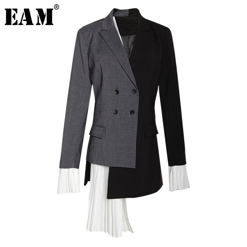 

[EAM] New Autumn Summer Lapel Long Sleeve Gray Hit Color Pleated Irregular Split Joint Jacket Women Coat Fashion Tide YC9 201112, Black