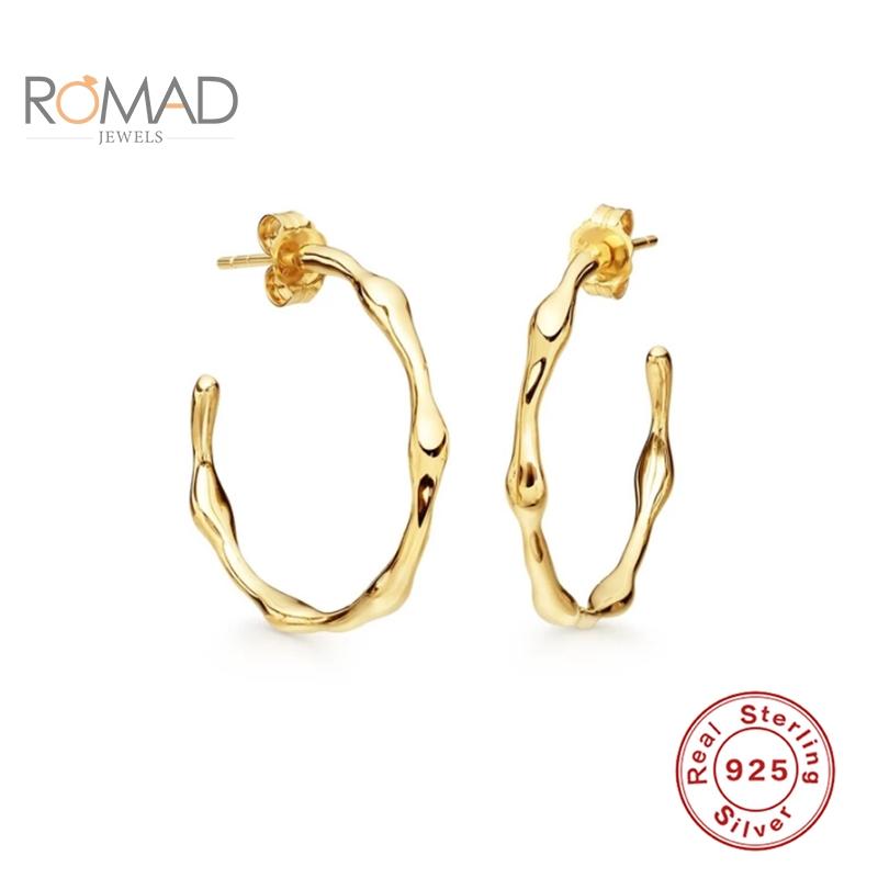

ROMAD 925 Sterling Silver Bamboo Joint Stud Earrings For Women 18mm Gold Earrings All-match Simple Trendy Jewelry Bijoux Femme