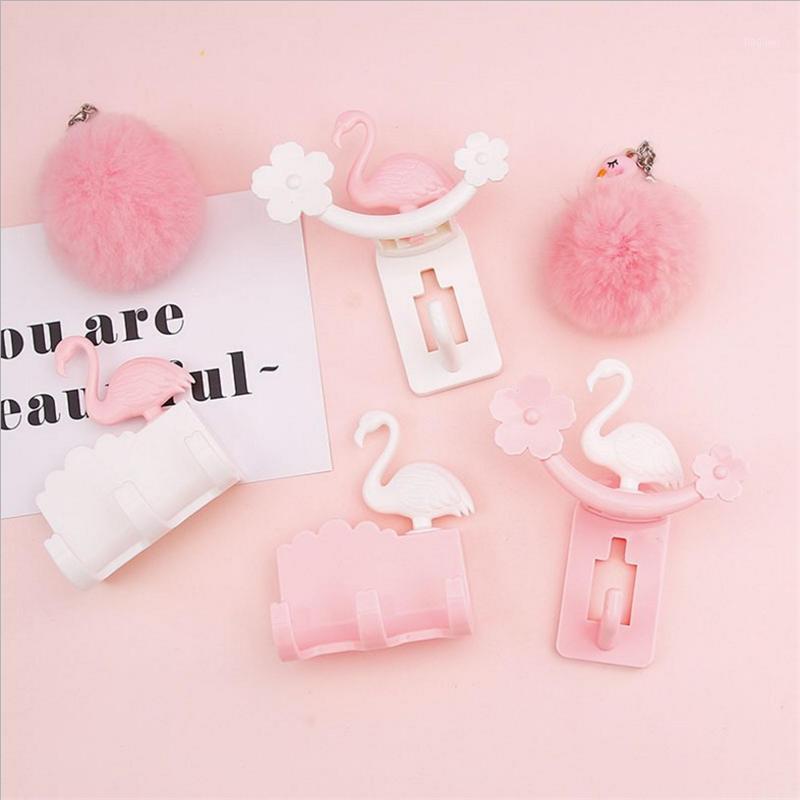 

Flamingo Flower Design Sticky Hooks Kitchen Bathroom Bedroom Wall-Mounted Hanging Decor Seamless Adhesive Towel Hat Key Holder1
