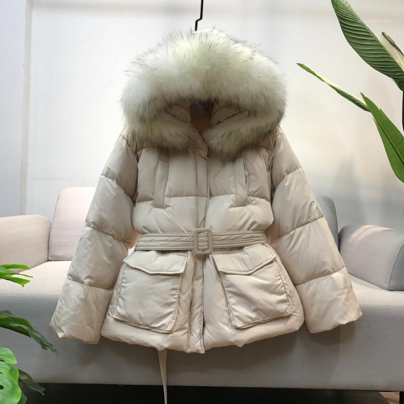 

90% White Duck Down Jacket 2020 Women Thick Winter Hooded Fur Collar Coat Korean Female Belt Down Jackets Doudoune Femme M2501, Pink