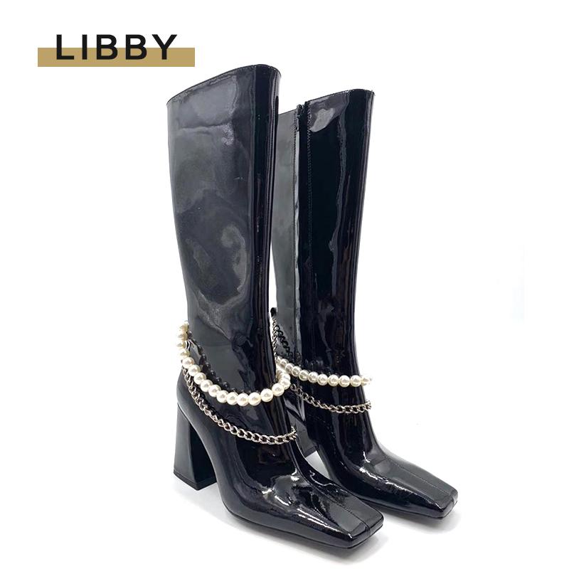 

Women Winter Boots Black Chunky Heel Shoes Square Toe Leather Metal Chain Pearl Decorat Knee High Heel Boots Woman Pump Shoes, Ankle boots